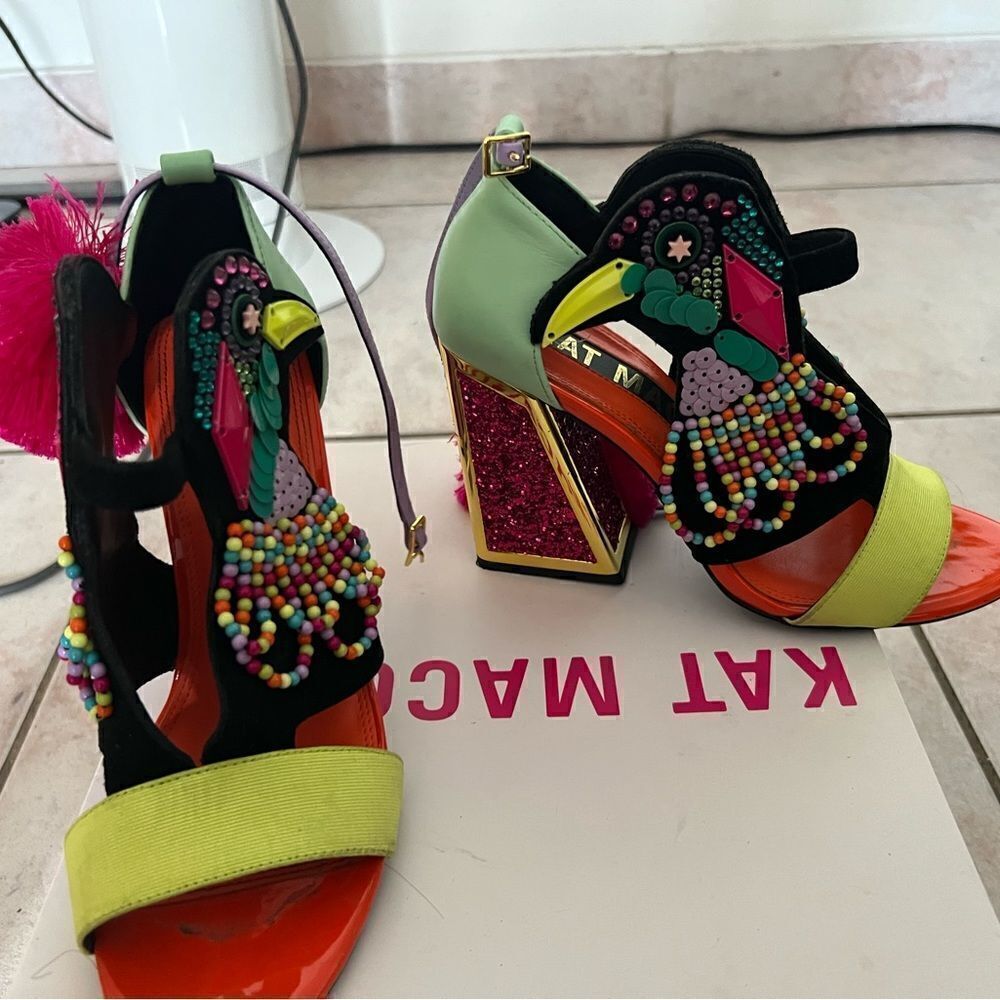 Kat Maconie aya Sandals Bird Parrot Beaded Glitter Heels Runway dressStone Shoes